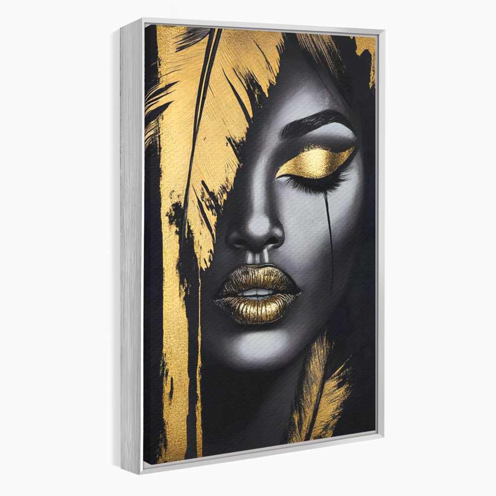 Tablou canvas cu tablou canvas cu portret stilizat de femeie, in rama de aluminiu argintiu
